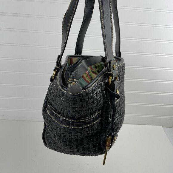 Fossil Modern Vintage Raffia Black Rattan Leather Woven Satchel Shoulder Bag Key - Picture 8 of 16